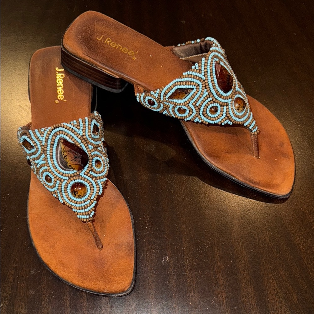 J.Renee Blue and Brown Beaded Sandals